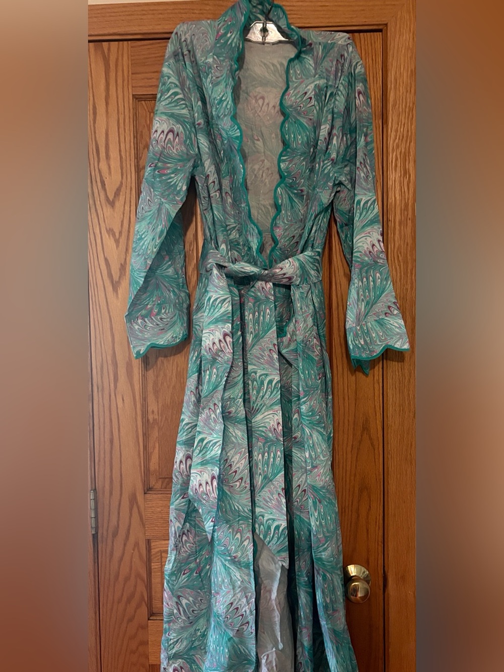 Long Heidi Cary cotton Robe in Teal Marble Print - never worn
